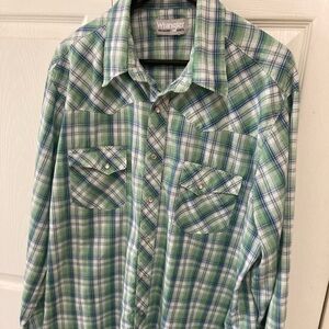 Vintage Wrangler Wrancher Plaid  Botton Down Western Pearl Snap Long Sleeve XXL